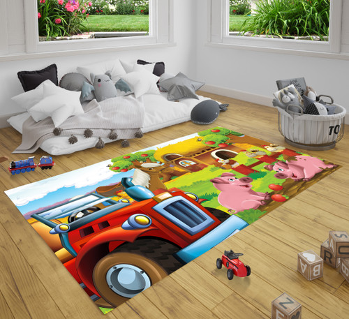 Cartoon Happy And Funny Farm Scene With Tractor And Smiling Animals Car For Different Tasks Farm Rug Carpet For Kids Room