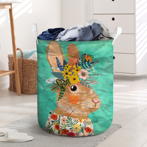 A Beautiful Rabbit With Flowers Laundry Basket