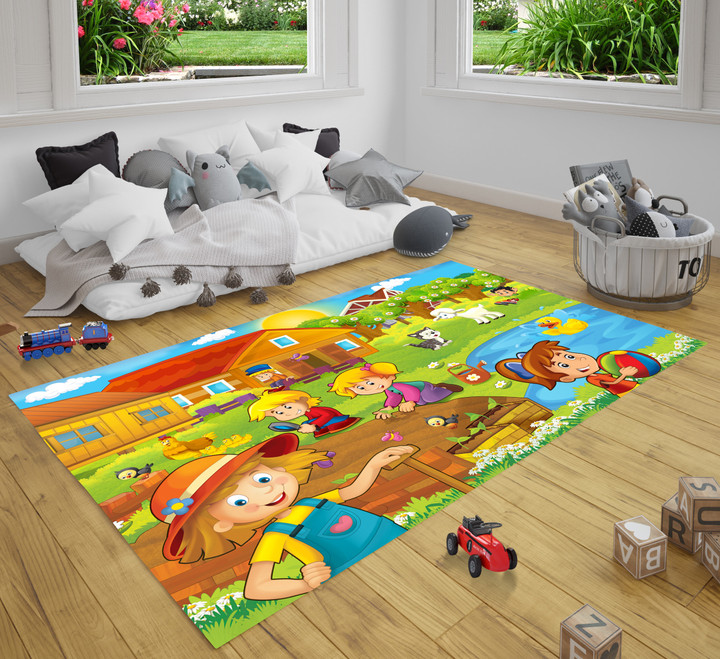 Cartoon Farm Scene With Kids For The Children Farm Rug Carpet For Nursery Baby Kids Little Girl Boy Room