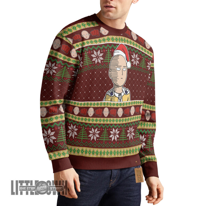 One Punch Man Ugly Sweater Custom Saitama Knitted Sweatshirt Anime Christmas Gift