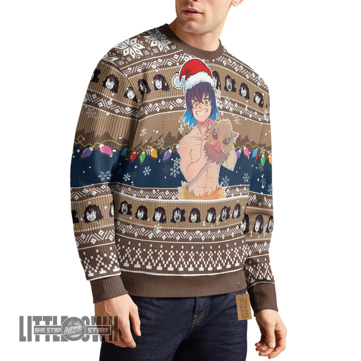 Demon Slayer Ugly Sweater Custom Inosuke Hashibira Knitted Sweatshirt Anime Christmas Gift