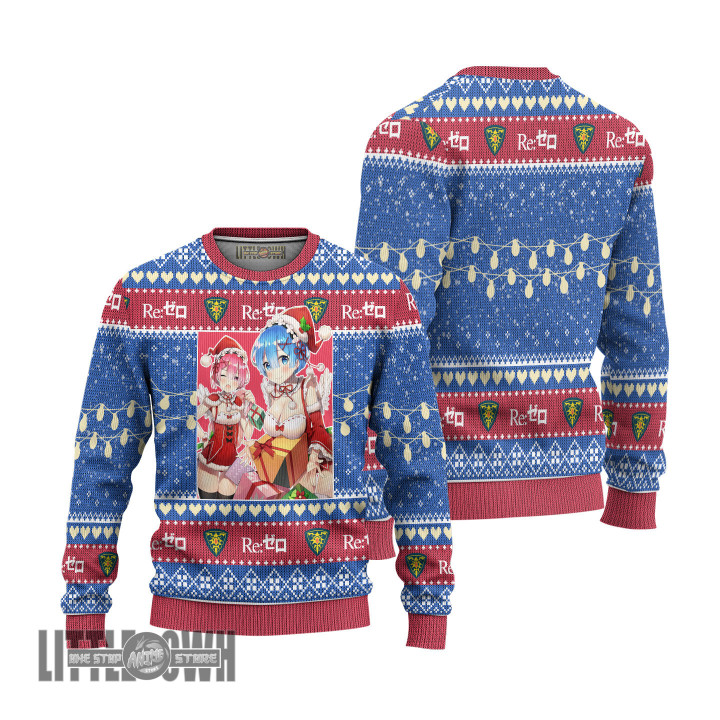 Re Zero Ugly Sweater Custom Rem x Ram Knitted Sweatshirt Anime Christmas Gift
