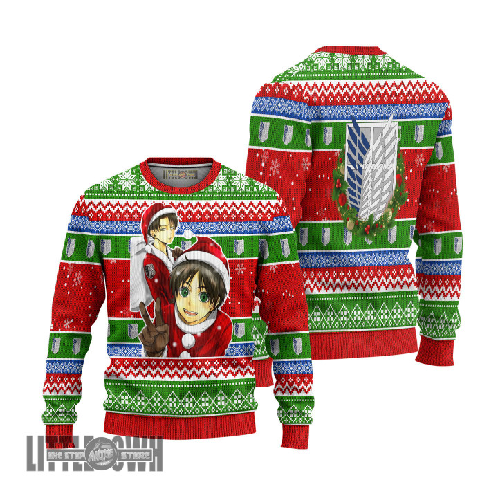 Attack On Titan Ugly Christmas Sweater Levi x Eren Custom Anime Knitted Sweatshirt