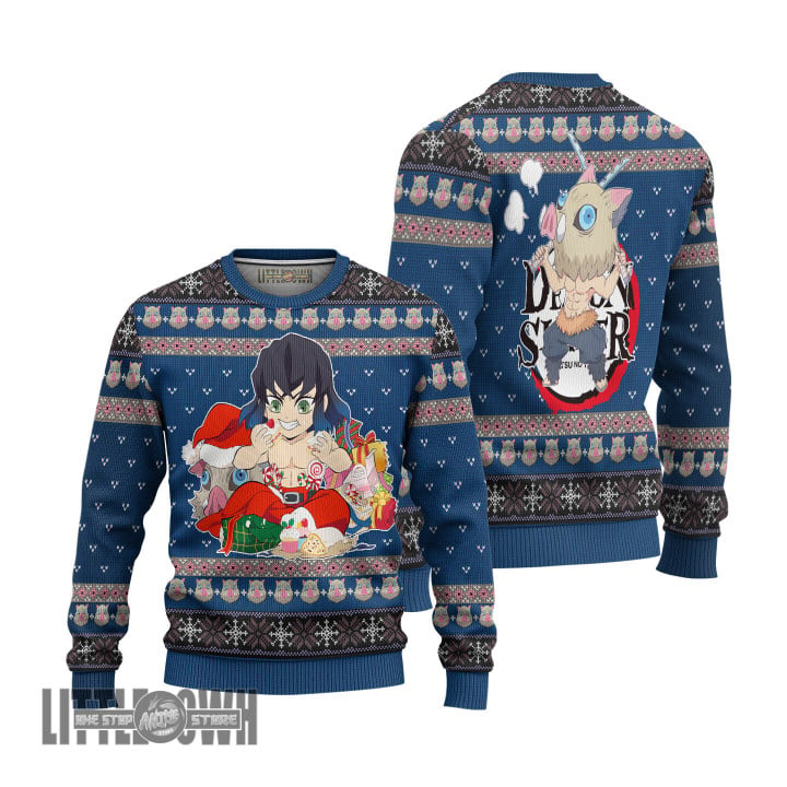 KnY Inosuke Ugly Christmas Sweater Demon Slayer Custom Anime Knitted Sweatshirt