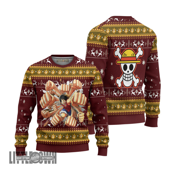 One Piece Ugly Christmas Sweater Luffy Gun Punches Custom Anime Knitted Sweatshirt