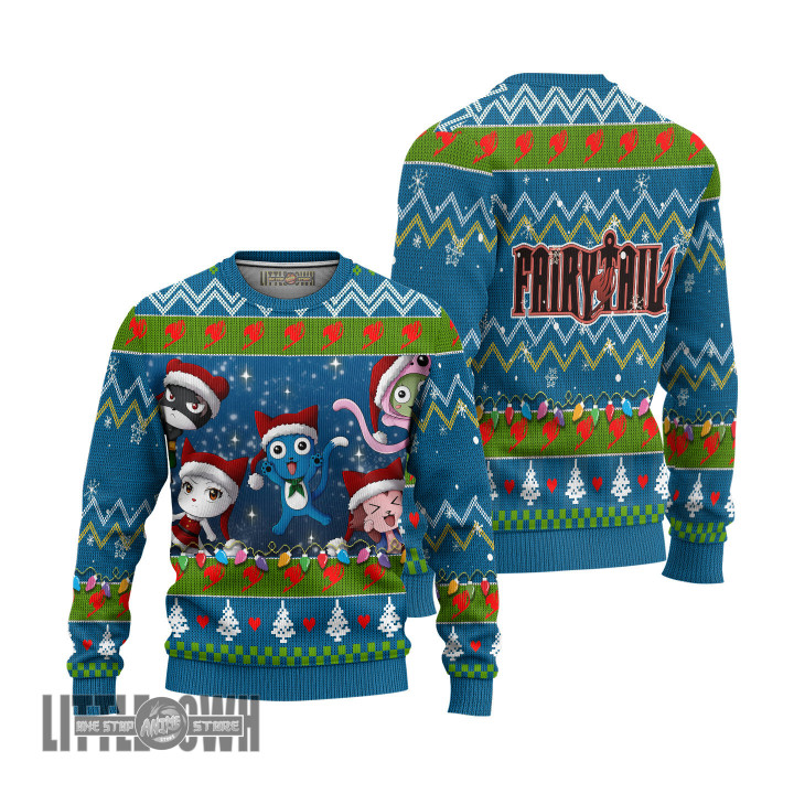 Fairy Tail Ugly Christmas Sweater Happy and Friend Custom Anime Knitted Sweatshirt