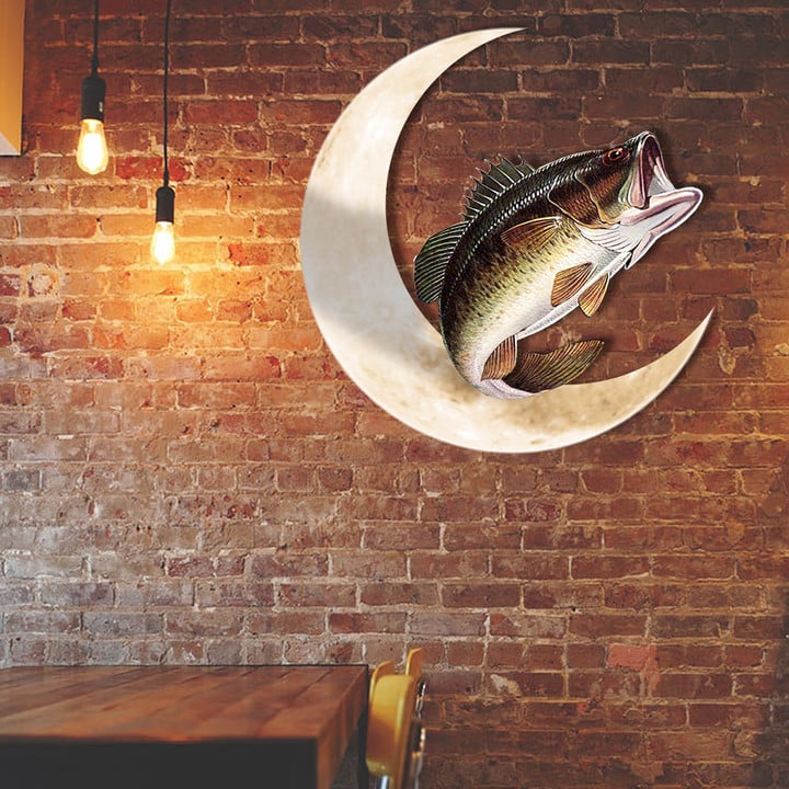 Bass Fish And Moon Hanging Metal Sign