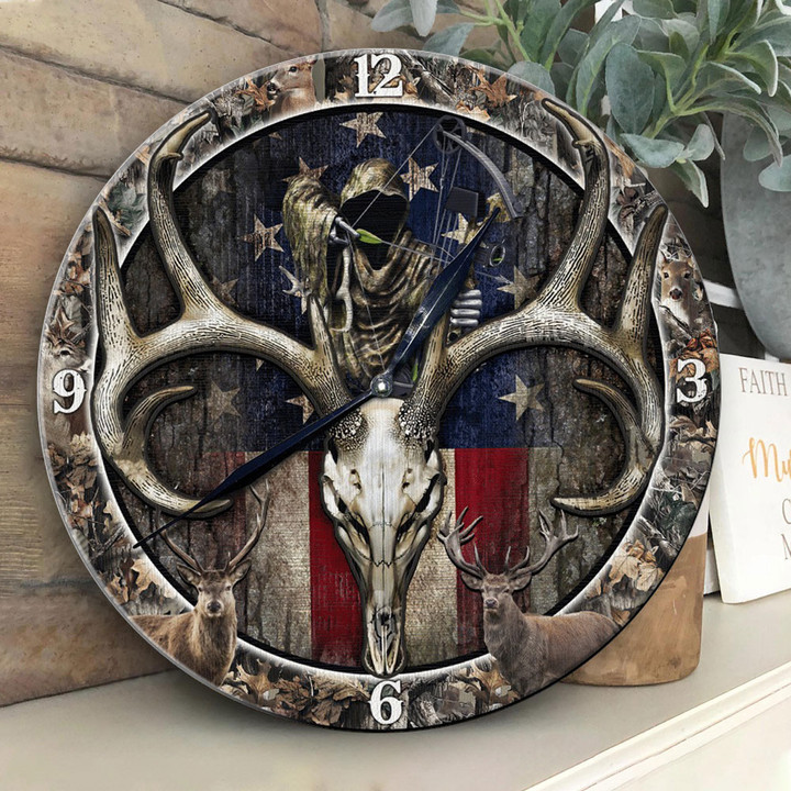 American Flag Deer Hunting Skull Custom 2-Layer Wood Clock