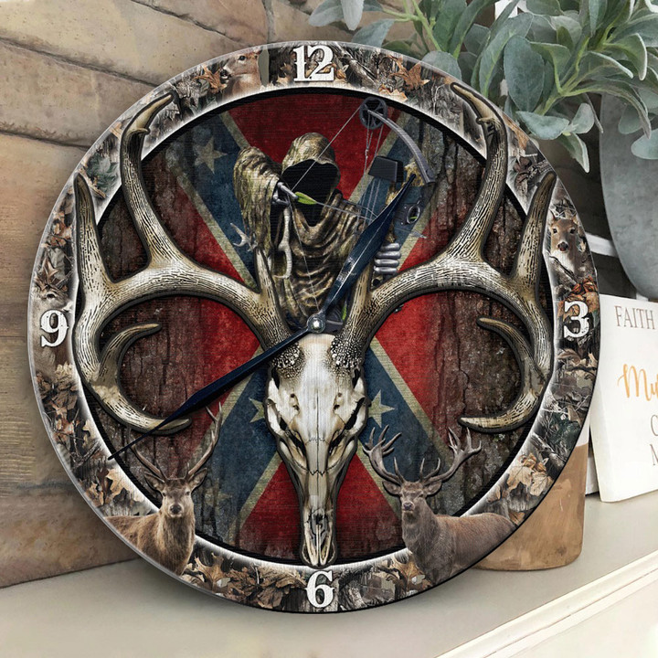 Battle Flag Deer Hunting Skull Custom 2-Layer Wood Clock