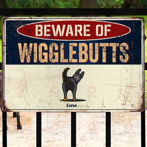 Beware Of Wiggle Butts - Personalized Rectangle Metal Sign - Gift For Dog Lovers