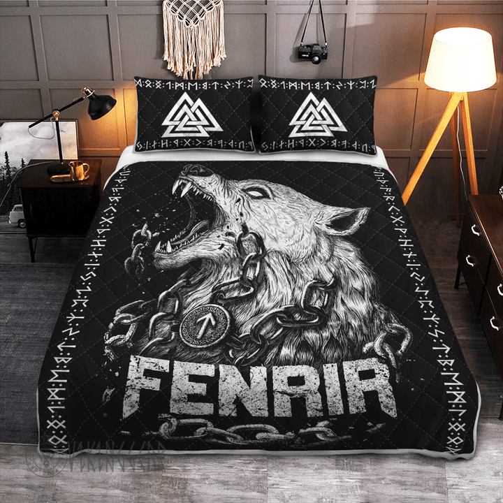 Fenrir Wolf And Valknut - Viking Quilt Bedding Set - Myvikinggear Store