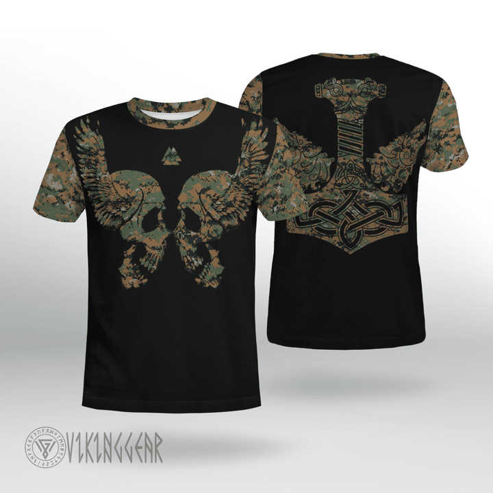 Skull Camo And Hammer Wolf Viking T-shirt
