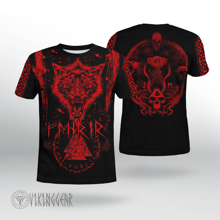 Fenrir Wolf Red Design Viking T-shirt