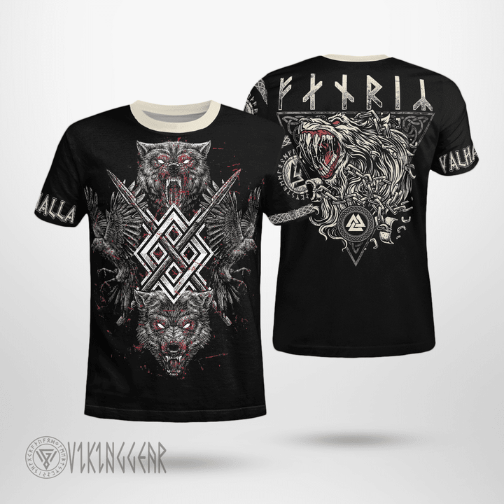 Black Viking shirt with designs of Wolves and Ravens
