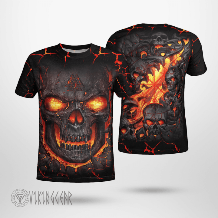 Flaming Occult Skull Valknut Viking T-Shirt