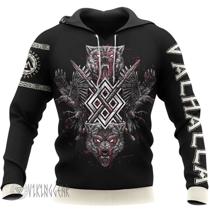 Wolves And Raven Art Viking Hoodie