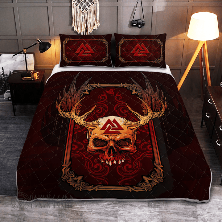 Abstract Red Skull Valknut Viking quilt set