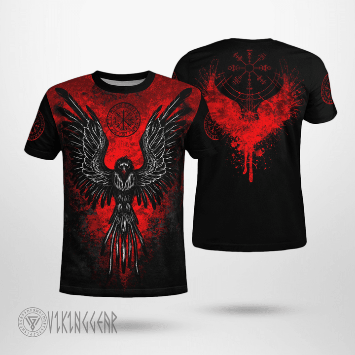 Flaming Raven And Vegvisir Viking T-Shirt