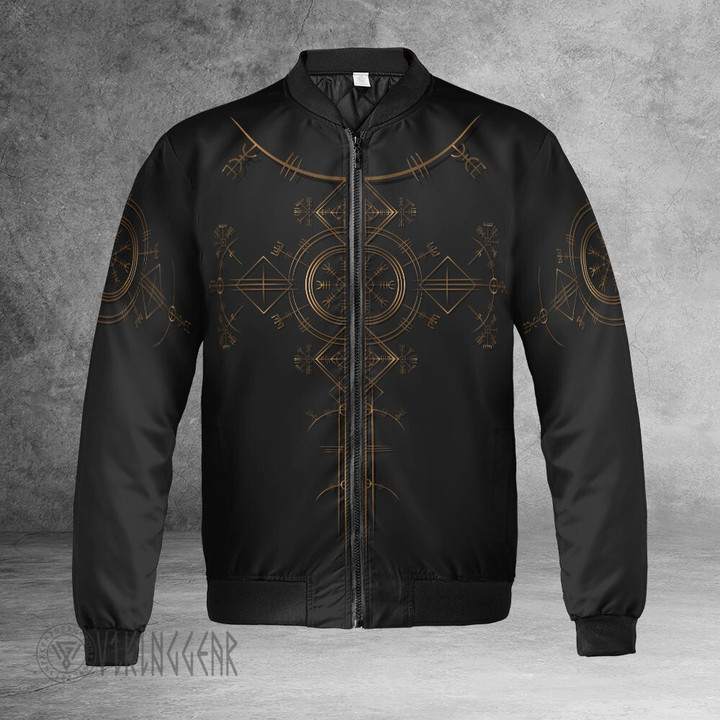 The Helm Of Awe Gold Viking Bomber Jacket Symbol Of Protection And Power