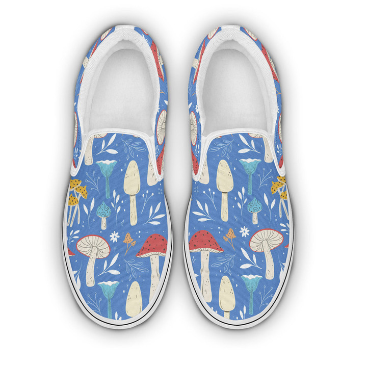 Red Mushroom Pattern On Blue Background Custom Slip-on Shoes