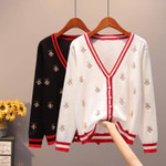 Knitted Cardigan New Bee Embroidered Contrast Color Sweater