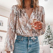 Fashion Autumn and Winter Sequined V-neck Top