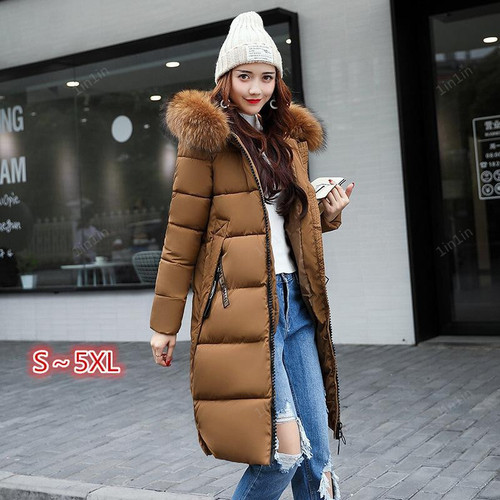 Hooded Slim-Fit Large Fur Collar Mid-Length Thick Coat