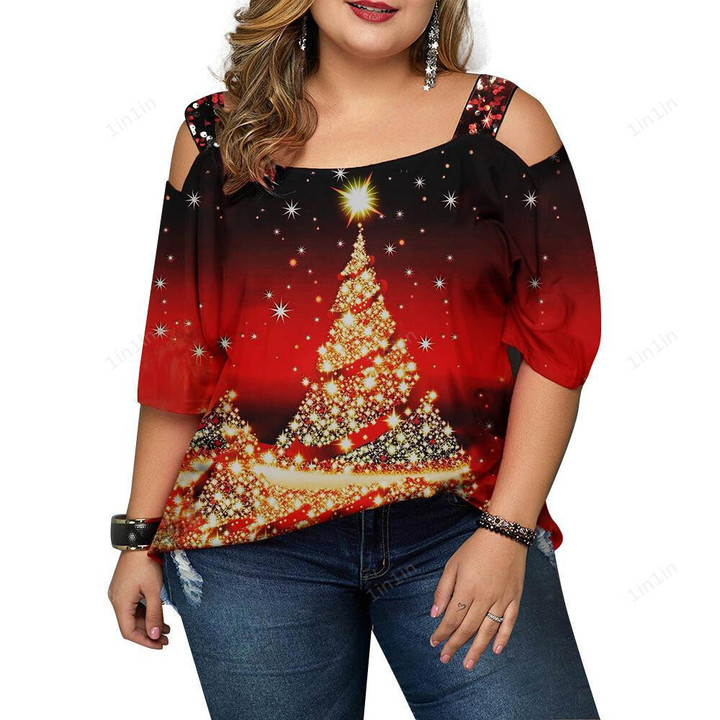 Christmas Tree Print Off-the-shoulder Plus Size Top