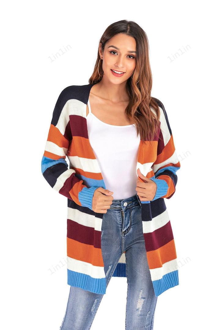 Color Block Striped Draped Kimono Cardigans Long Sleeve Open Front Casual Knit