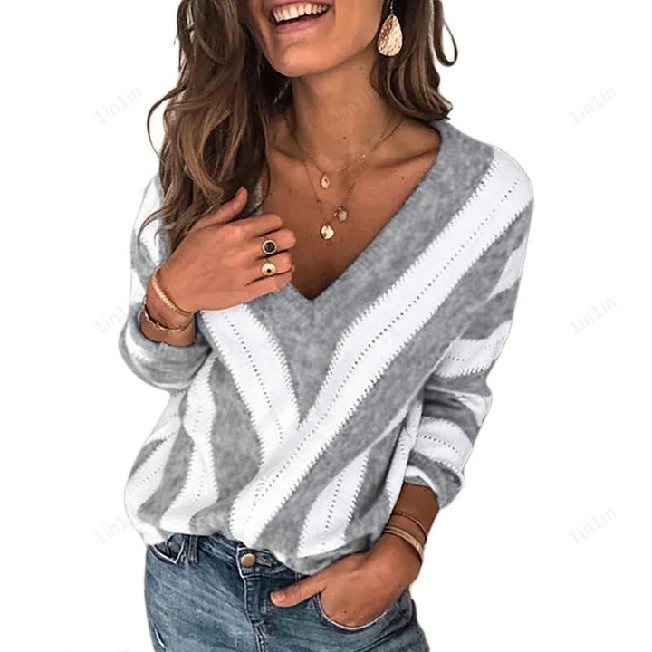 Colorblock Striped V-neck Sweater