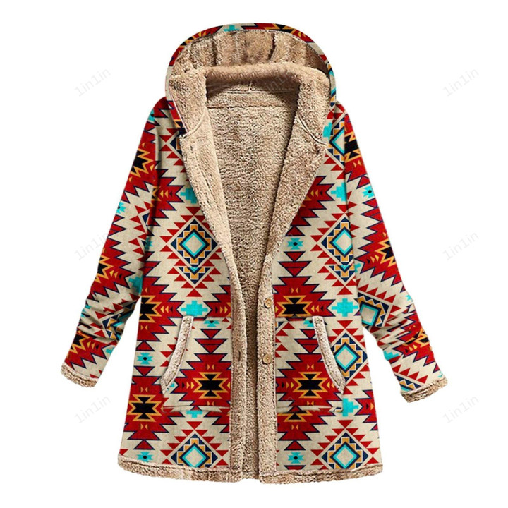 Cotton And Linen Printed Hooded Warm Plush Jacket