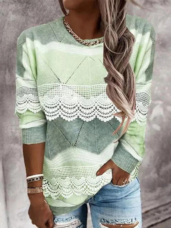 Gradient Lace Trim Cable Knit Pullover Sweater