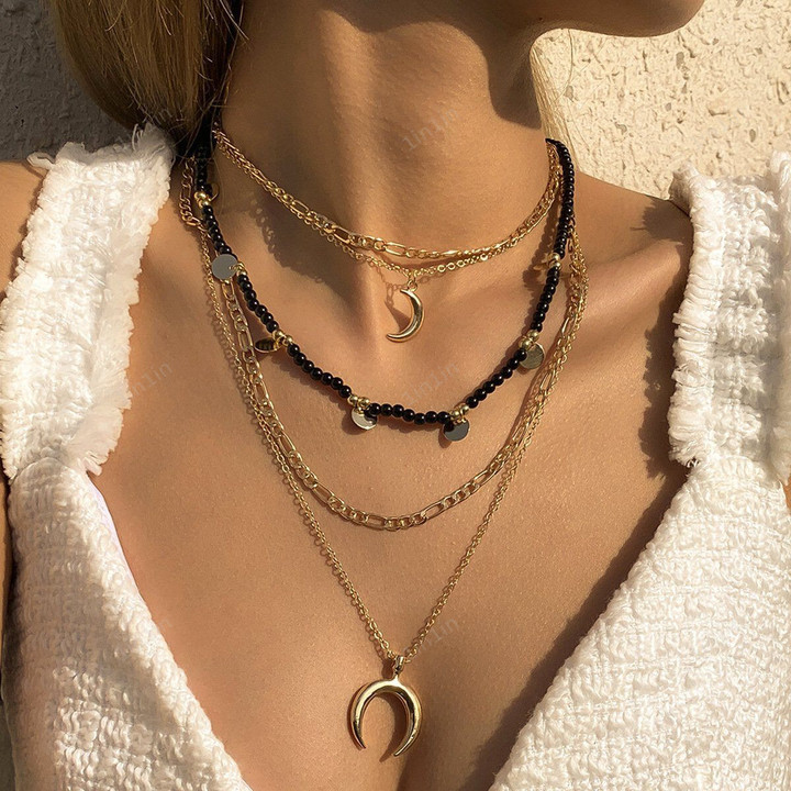 Moon Pendant Multilayer Chain Necklace