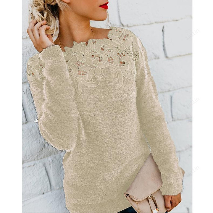 Solid Color Stitching Lace Sweater