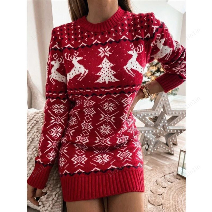 Tight-Fitting Christmas Theme Jacquard Long-Sleeved Knitted Dress