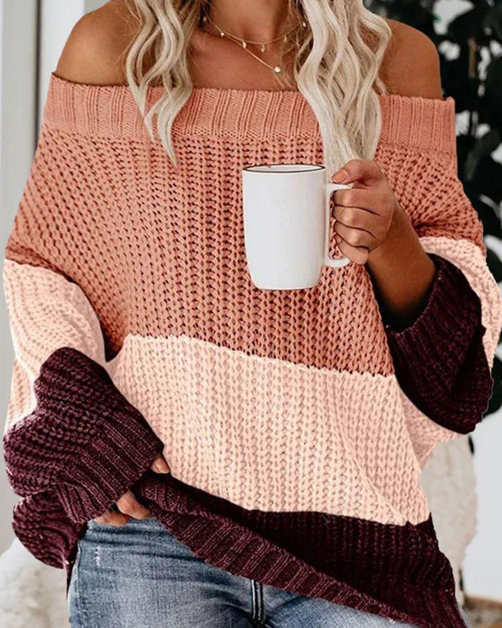 Colorblock Chunky Knit Boat Neck Sweater
