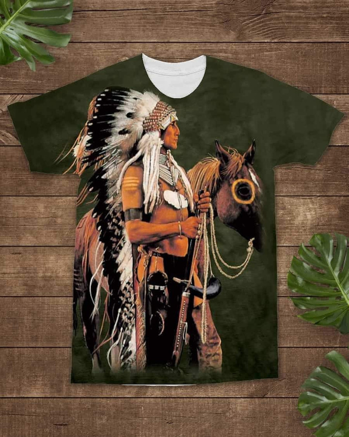 3D Native American Warrior Horse Green Background All-Over T-Shirt