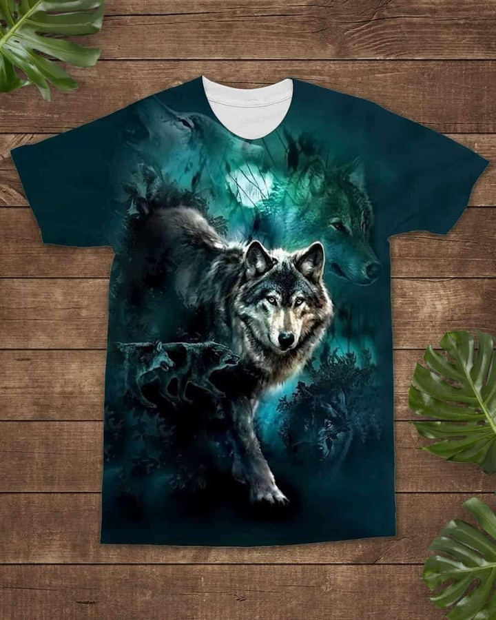 3D Moon Wolves Green Background All-Over T-Shirt