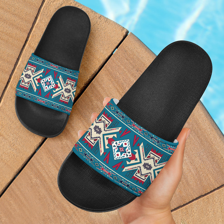 Blue Pink Pattern Native American Slide Sandals
