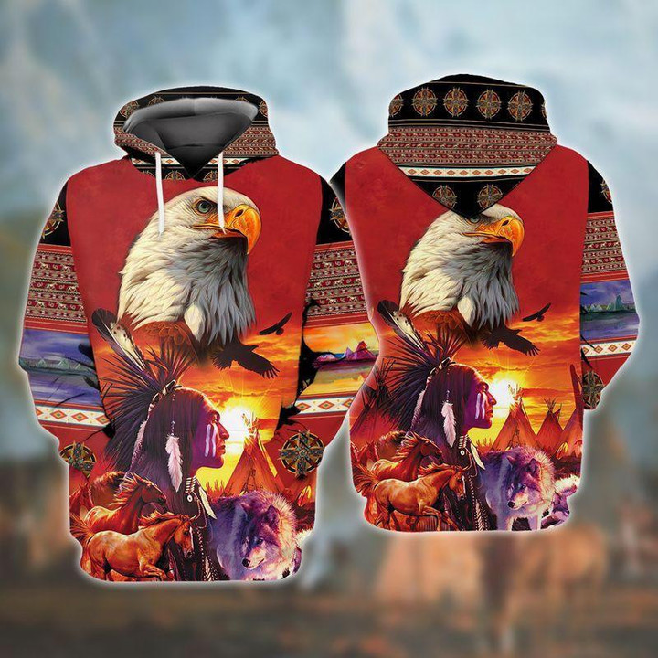 Native American Eagle Wolf Red 3D Hoodie