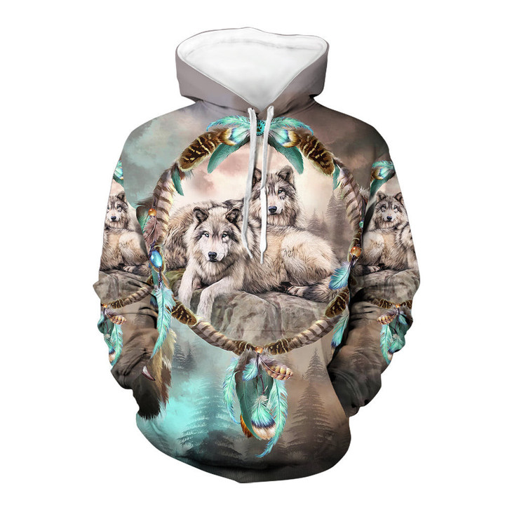 GB-NAT00337 Feathers Dream Catcher Wolves Together 3D Hoodie