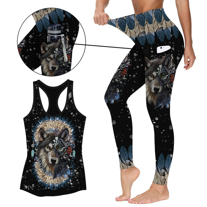 Native American Wolf 3 Activewear Outfit: Racerback Tank Top & High Waist Leggings with Pockets Outfit