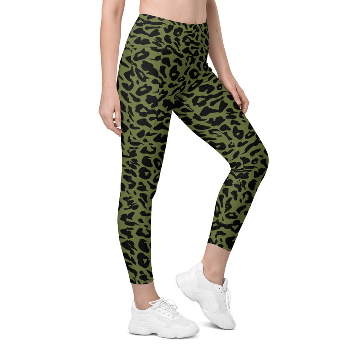 Olive Green Leopard Skin High Waist Leggings with Pockets