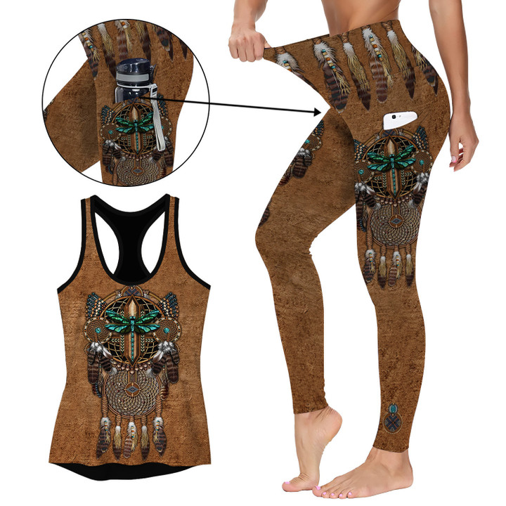 Native American Dragonfly 02 Activewear Outfit: Racerback Tank Top & High Waist Leggings with Pockets Outfit