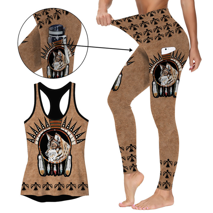 Native American Wolf 6 Activewear Outfit: Racerback Tank Top & High Waist Leggings with Pockets Outfit