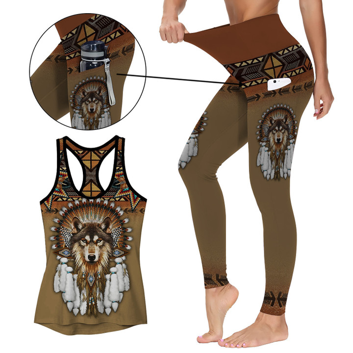 Native American Wolf 3A Activewear Outfit: Racerback Tank Top & High Waist Leggings with Pockets Outfit
