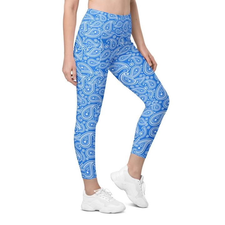 Blue & White Paisley High Waist Leggings with Pockets