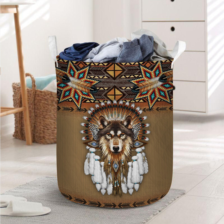 Native American Wolf Tan Laundry Basket