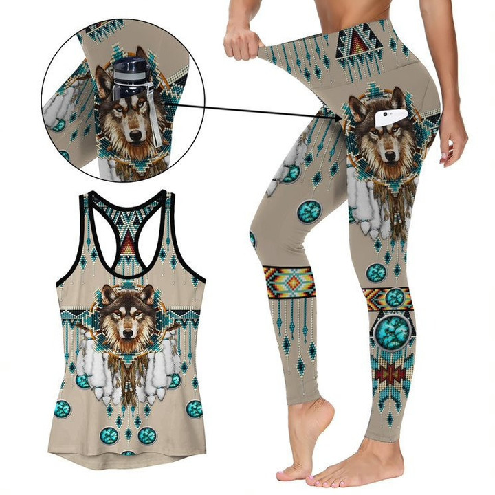 Native American Wolf 2 Activewear Outfit: Racerback Tank Top & High Waist Leggings with Pockets Outfit