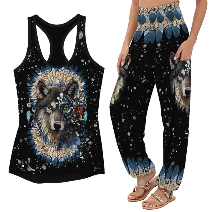 Native Wolf Feathers Racerback Tank Top & Harem Pants Outfit